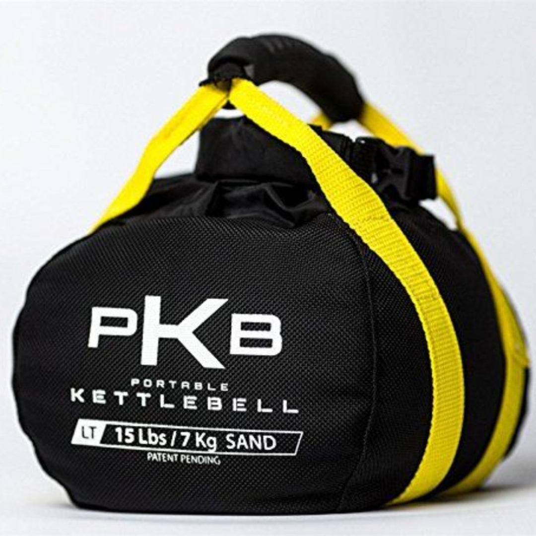 Black sand bag with yellow straps labeled 'PKB Portable Kettlebell' on a white background