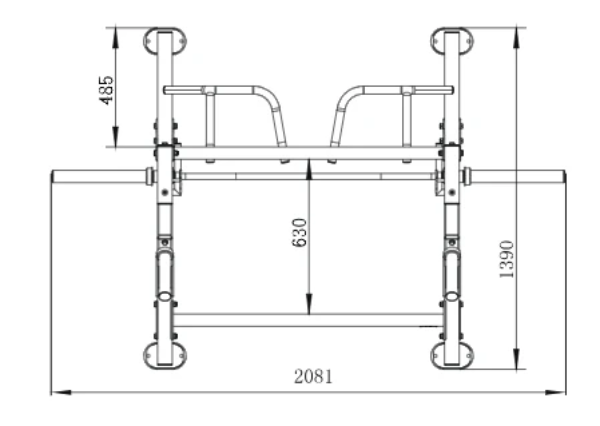 Technical drawing of a metal frame with dimensions labeled