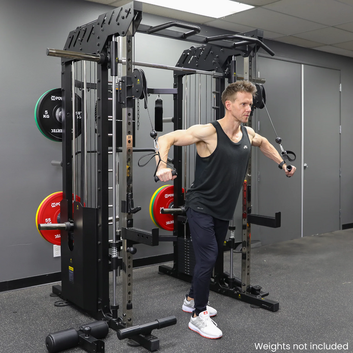Man exercising on a Smith machine in a gym setting
