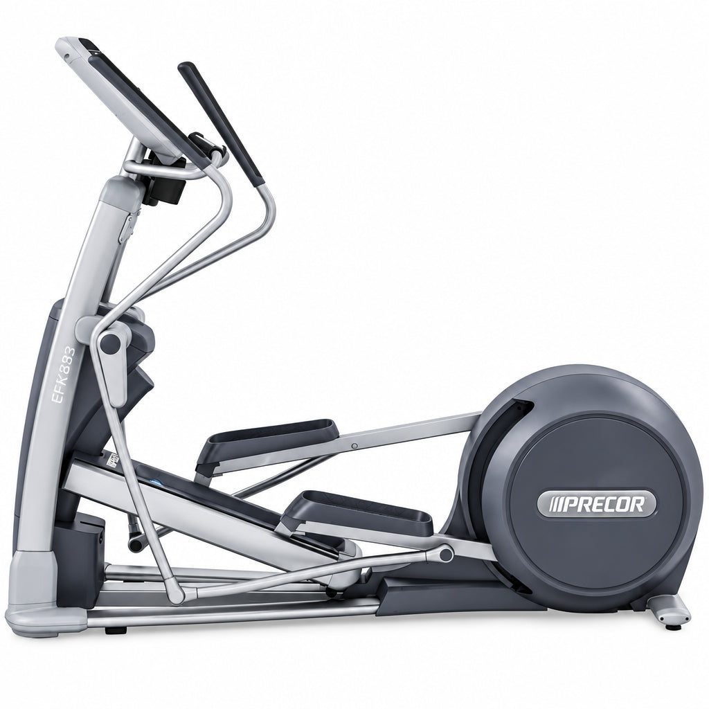 A Precor elliptical cross trainer machine in gray and silver, shown from a side profile view against a plain white background.