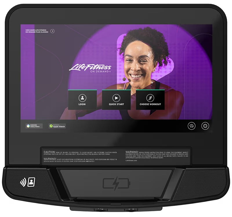 Life Fitness on Demand screen displaying a user interface with a purple background