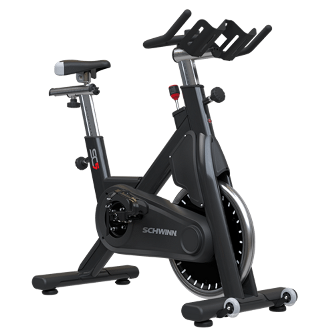 Schwinn SC5 Cycle exercise bike in black color with adjustable seat and handlebars, featuring a flywheel and a digital console.