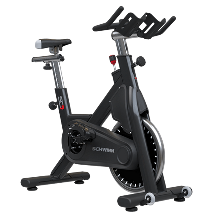 Schwinn SC5 Cycle exercise bike in black color with adjustable seat and handlebars, featuring a flywheel and a digital console.