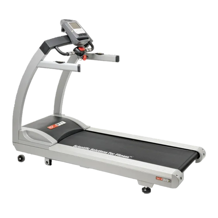 A silver and black treadmill with an integrated digital display console, shown from a three-quarter angle on a white background.