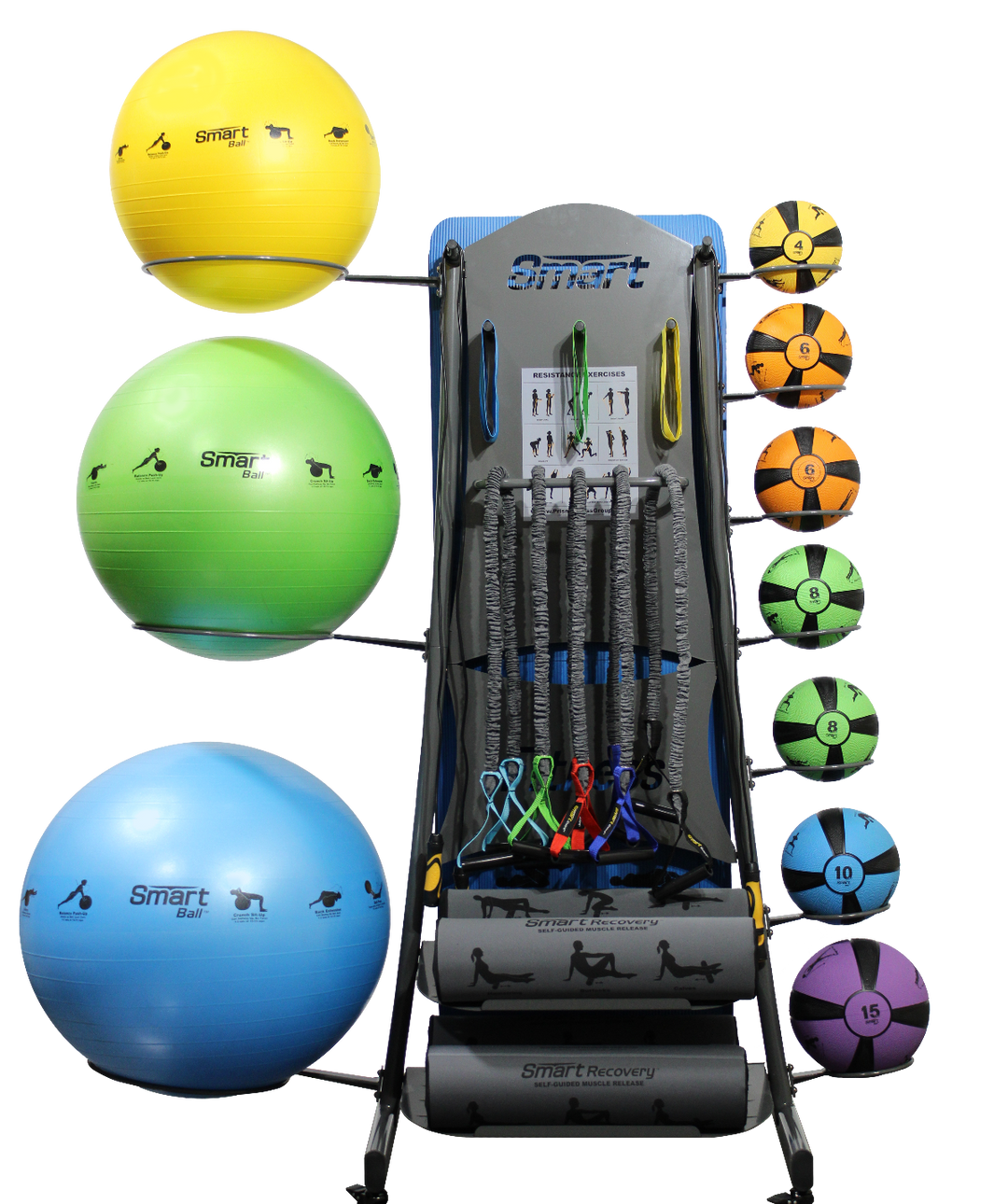 Set of exercise balls and gym equipment on a white background