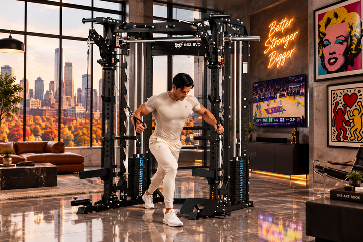 A black multi-functional home gym power rack with dual cable pulley systems, pull-up bars, and weight stacks, isolated on a white background.