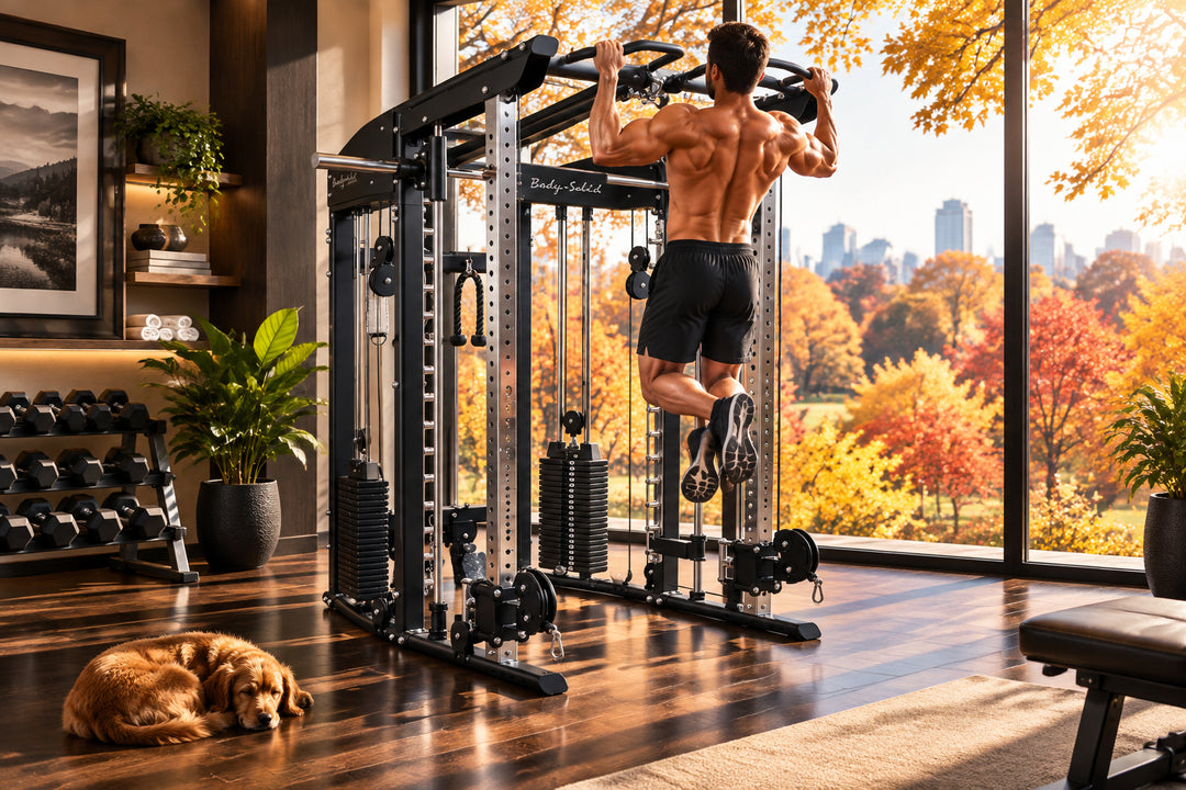A multi-functional home gym cable machine with dual weight stacks, a pull-up bar, and a T-bar handle, shown on a solid white background.