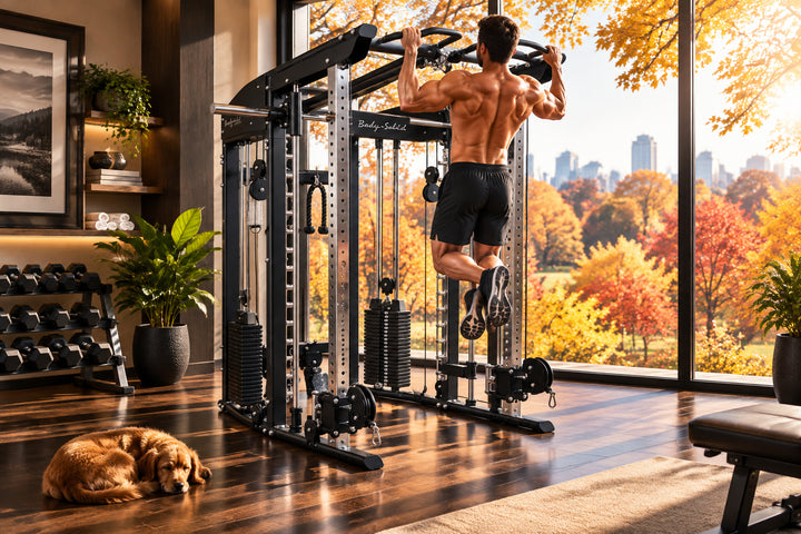 A multi-functional home gym cable machine with dual weight stacks, a pull-up bar, and a T-bar handle, shown on a solid white background.
