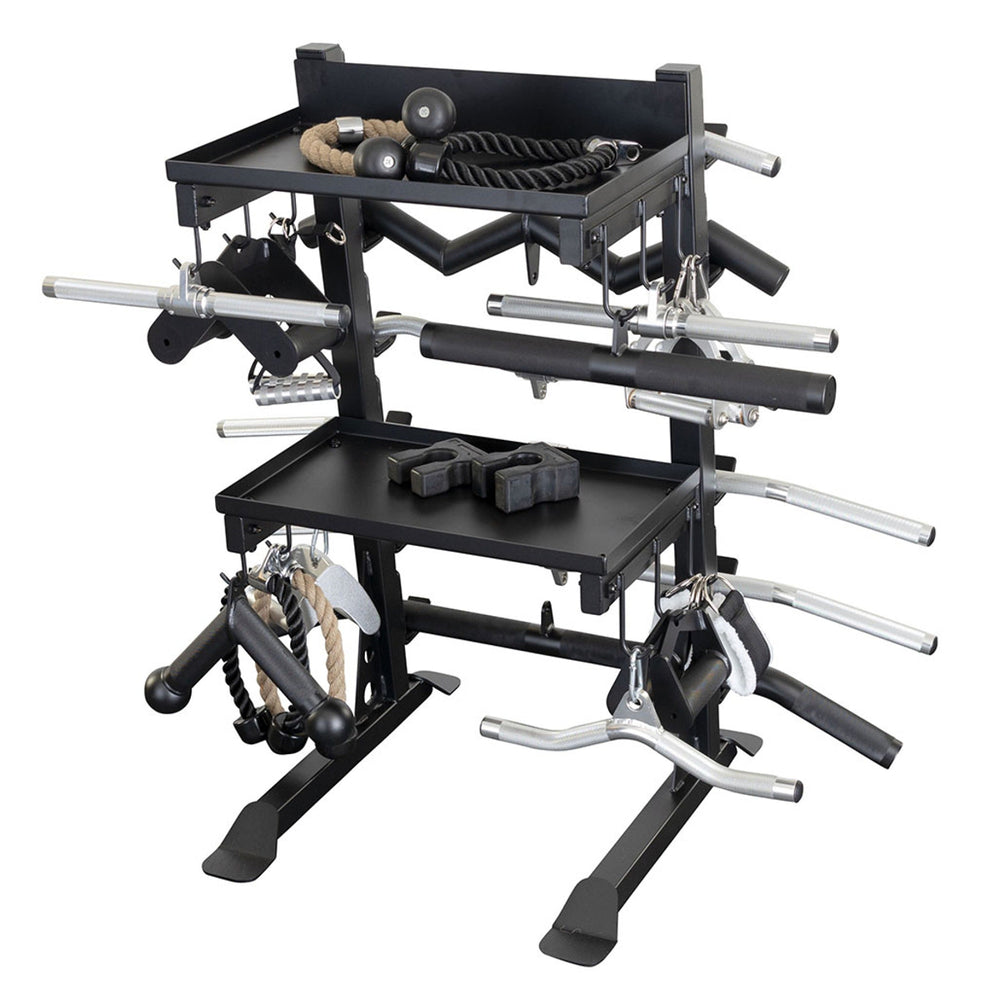 Black weightlifting rack with various attachments on a white background