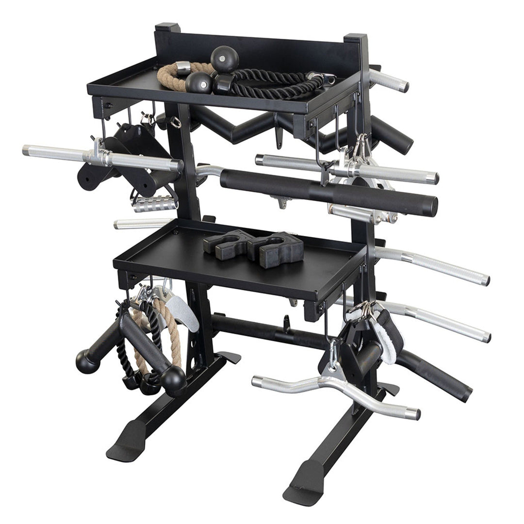Black weightlifting rack with various attachments on a white background
