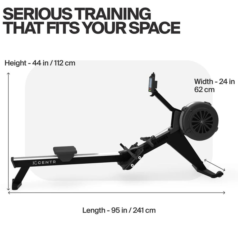 Rowing machine with dimensions labeled on a white background
