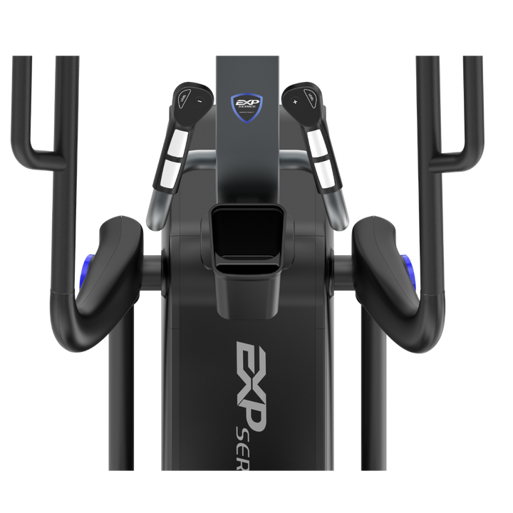 Close-up of a black exercise bike with 'EXP Series' branding on a white background