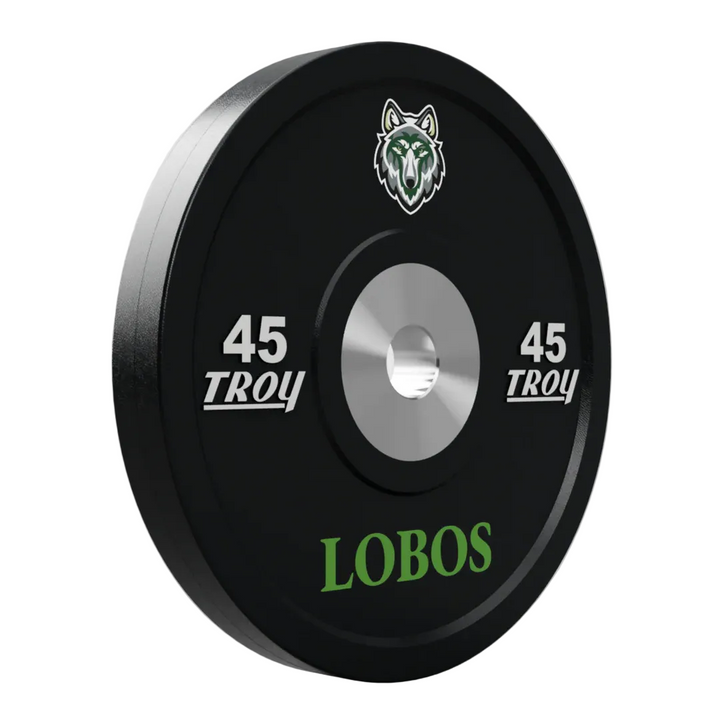 45-pound Troy Barbell bumper plate with 'LOBOS' branding on a gray background