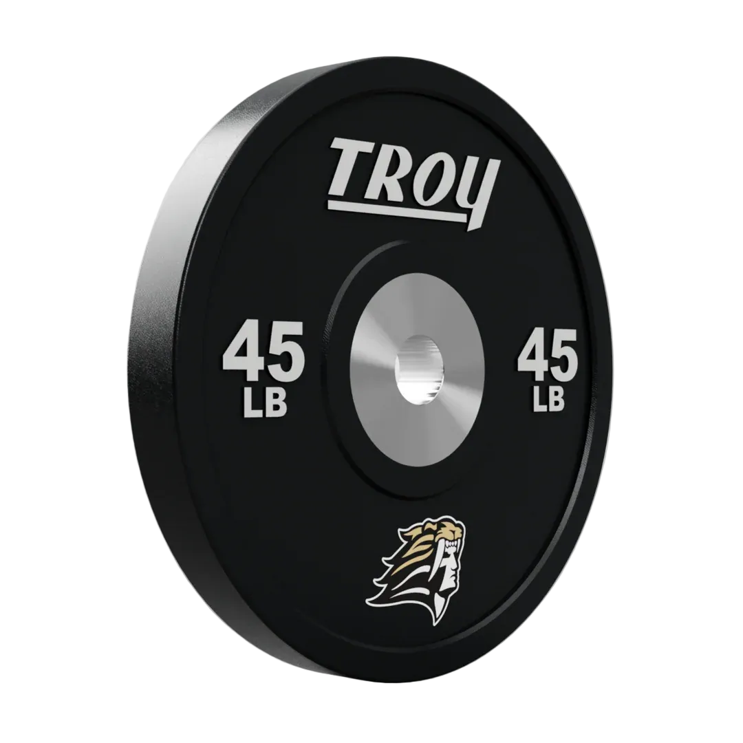 45-pound Troy barbell weight plate on a light gray background