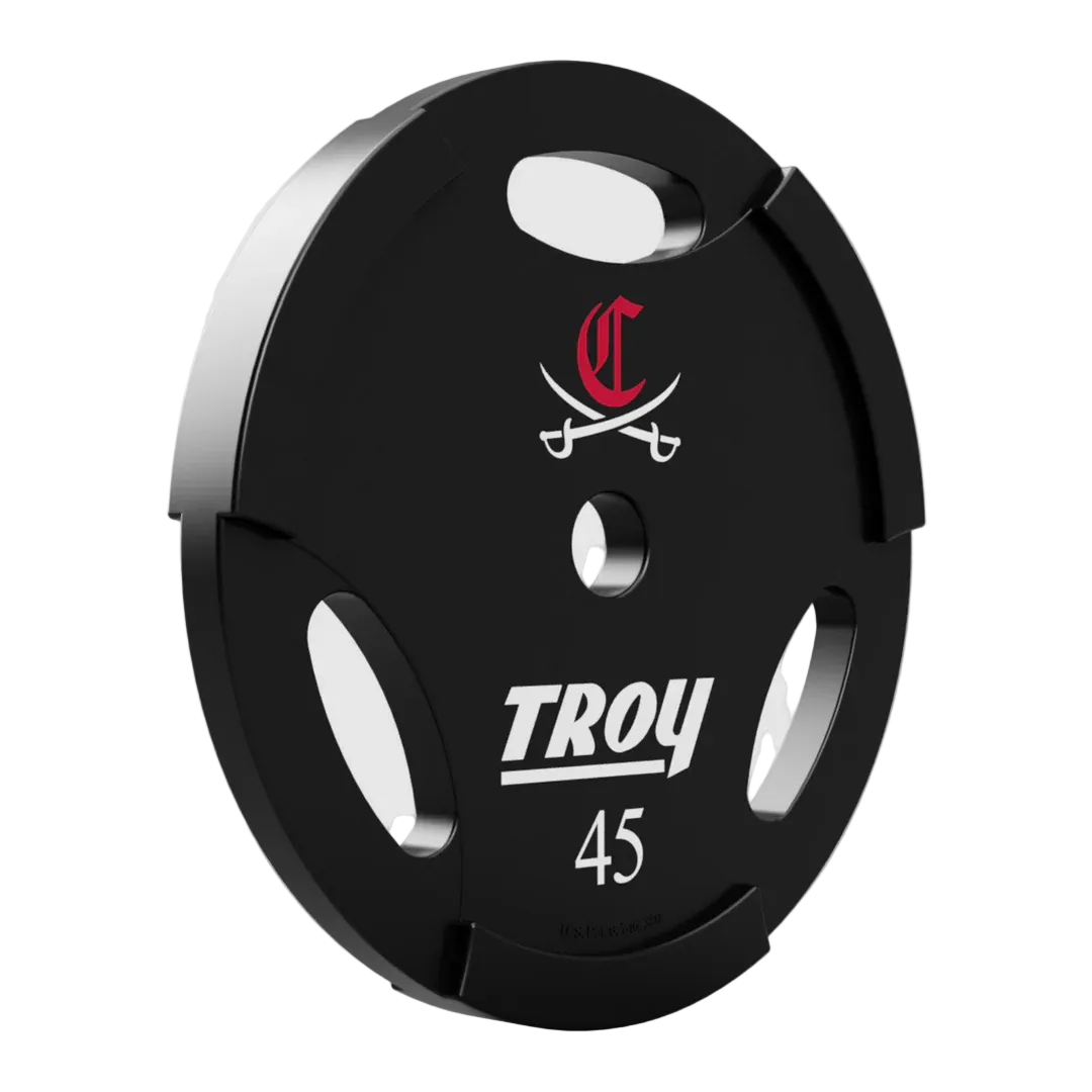 Black weight plate with Troy logo on a gray background