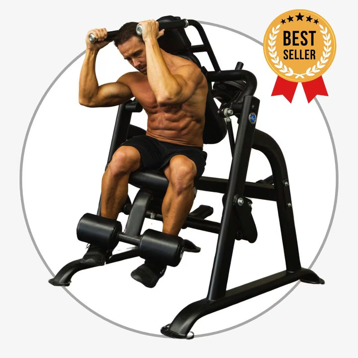 Man using a chest press machine with a 'Best Seller' badge on a white background