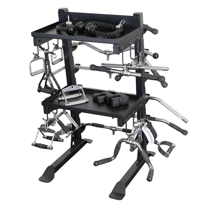 Collection of black and silver equipment on a stand with various tools and accessories.