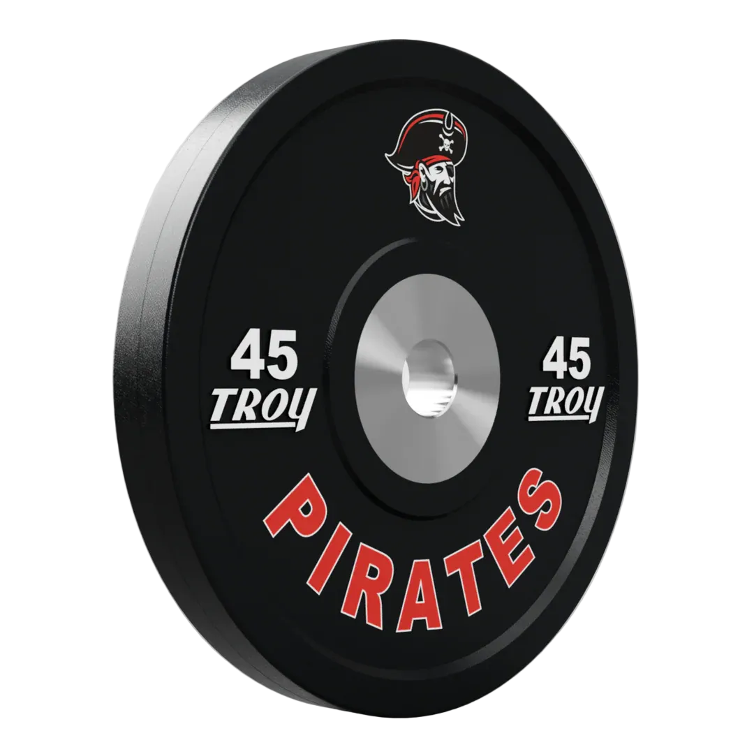 Black weight plate with 'Troy' and 'Pirates' branding on a gray background