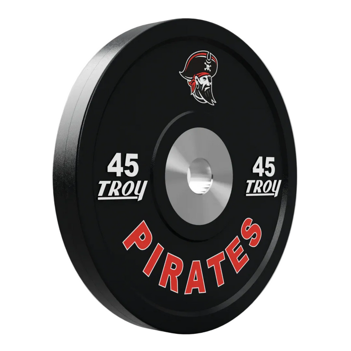 Black weight plate with 'Troy' and 'Pirates' branding on a gray background