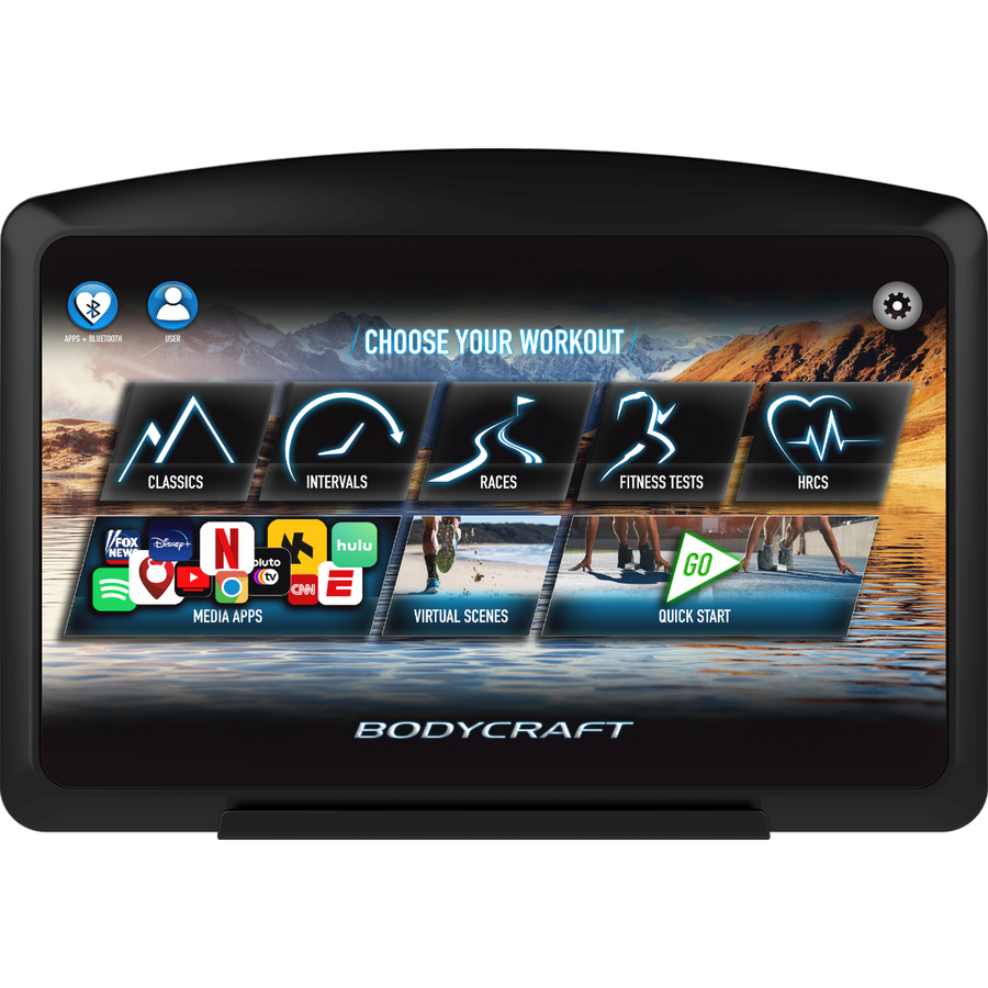 BodyCraft fitness console with workout selection screen
