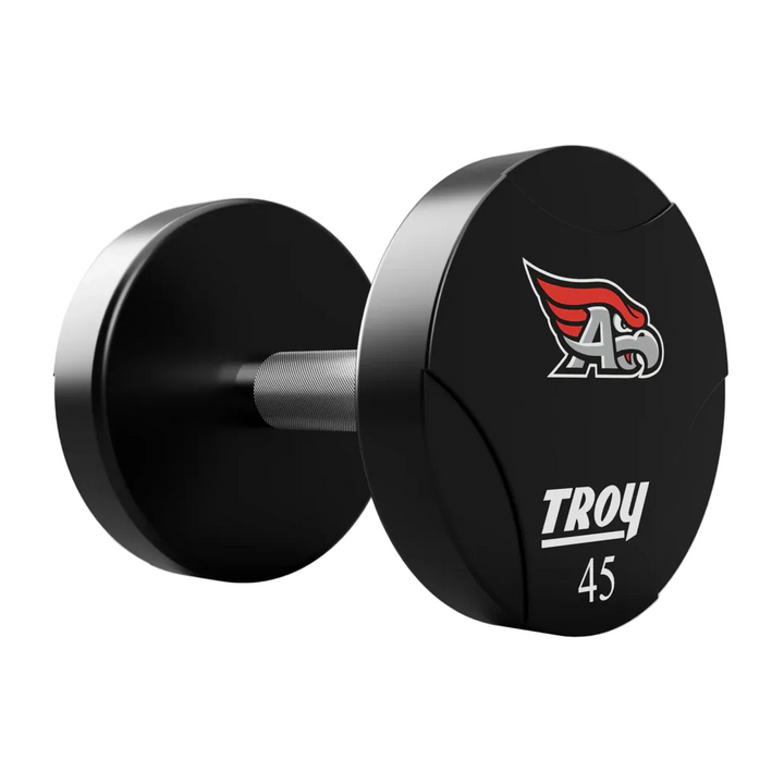 Black dumbbell with Troy brand logo on a light gray background