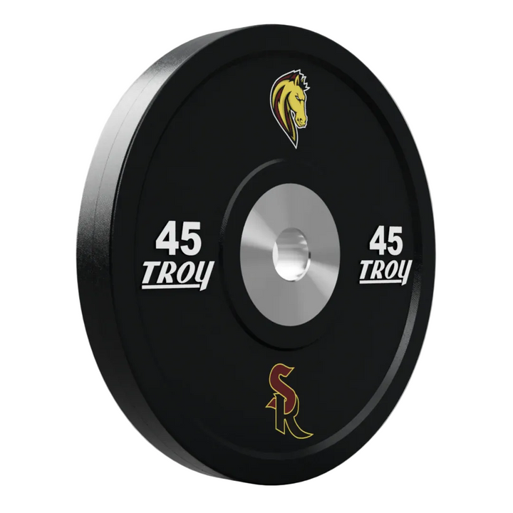 45-pound Troy barbell plate on a light gray background