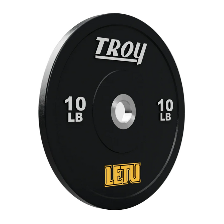 10 lb Troy bumper plate with LETU logo on a light gray background
