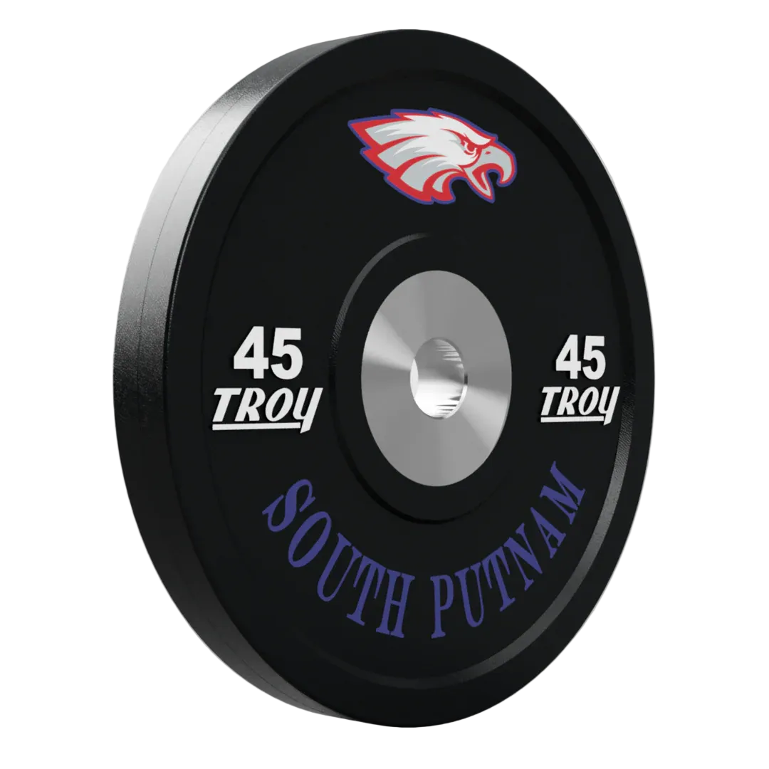45-pound Troy barbell plate with a logo and text on a gray background