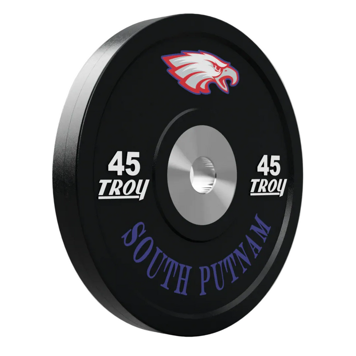 45-pound Troy barbell plate with a logo and text on a gray background