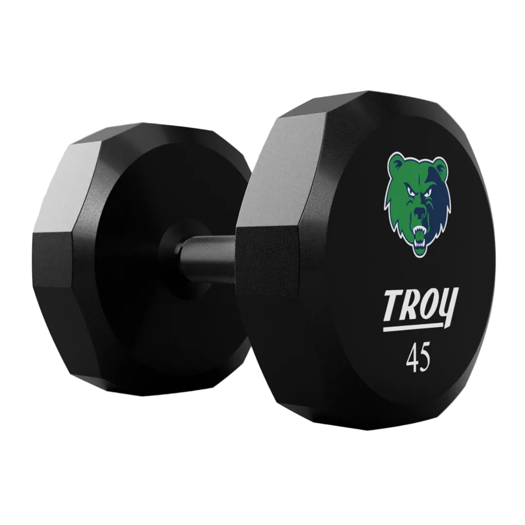 Black dumbbell with a logo and text on a light gray background