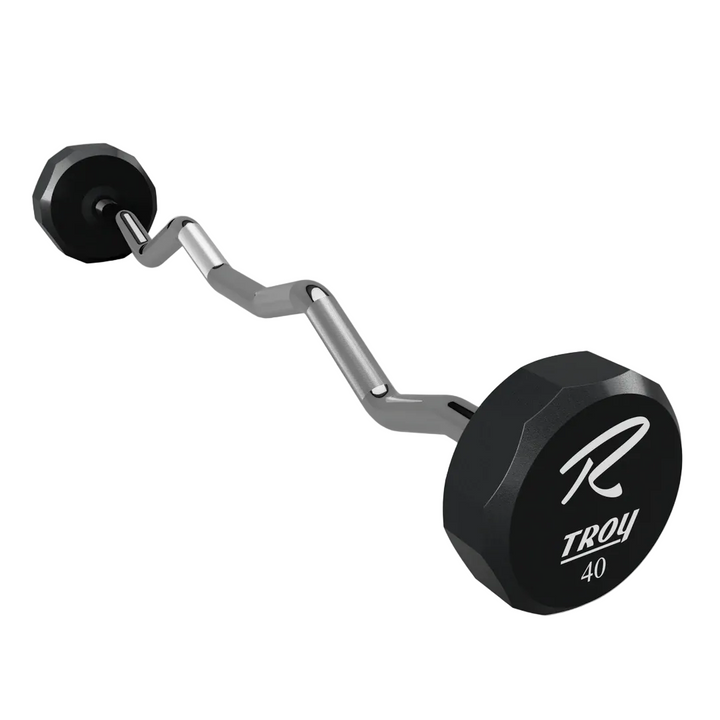Curl bar with Troy Barbell logo on a light gray background