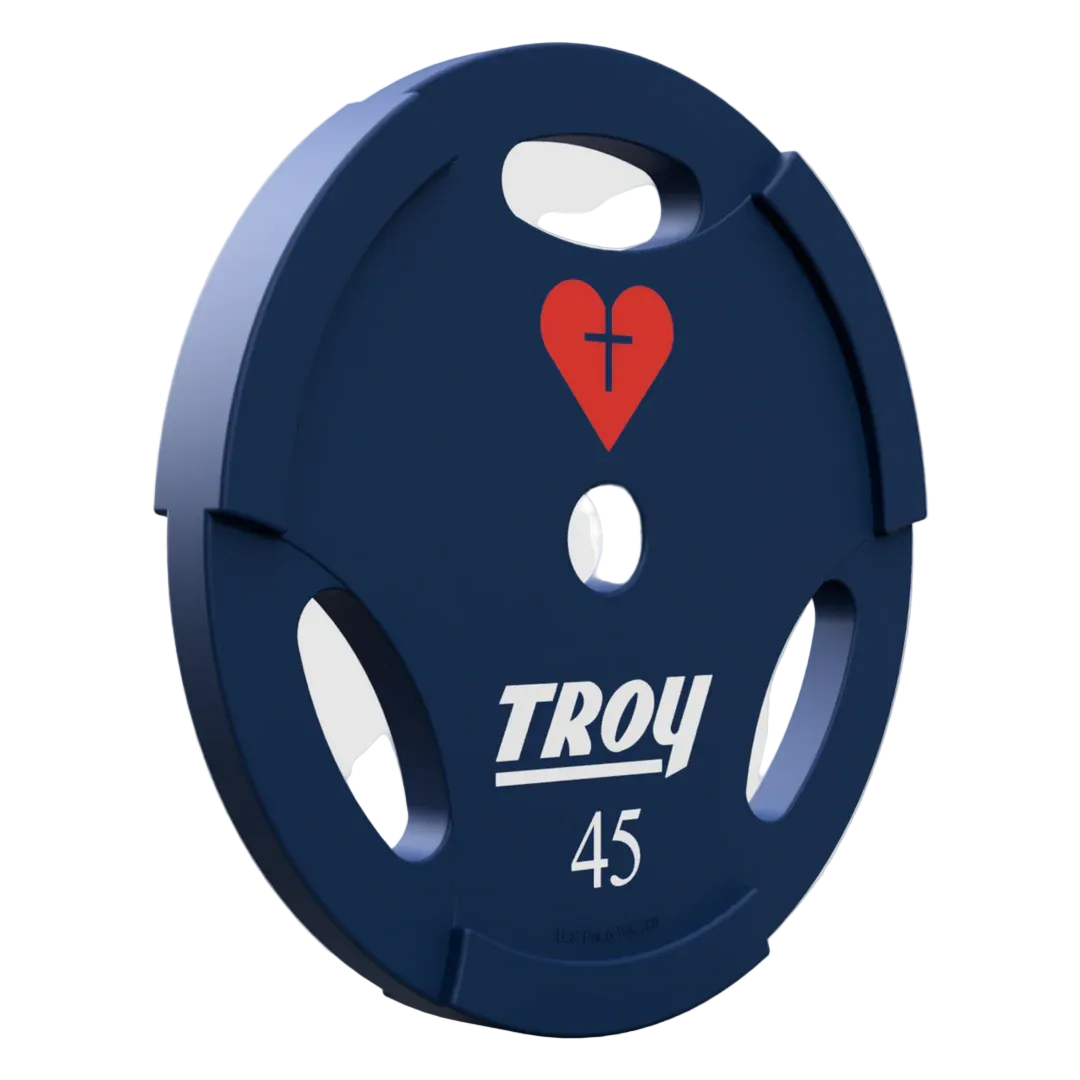 Blue weight plate with red heart and cross design, Troy branding, and number 45 on a light gray background