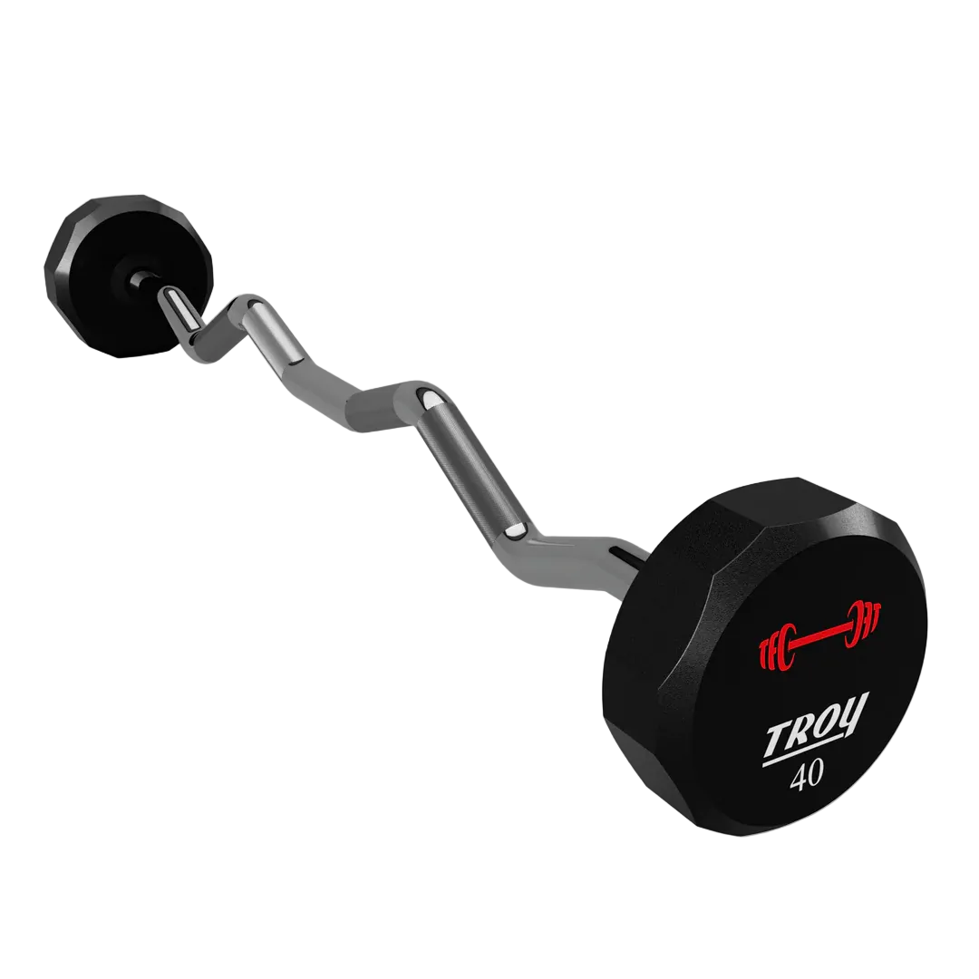 Black and red weight barbell with Troy branding on a light gray background
