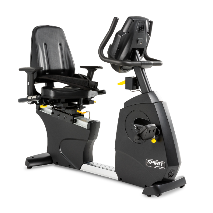 A black and gray recumbent exercise bike with a seat, handlebars, and console, shown on a plain white background. The brand name &