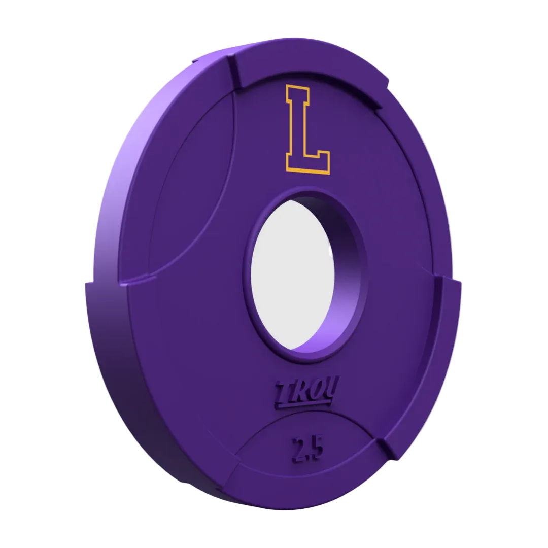 Purple weightlifting disc with a yellow &
