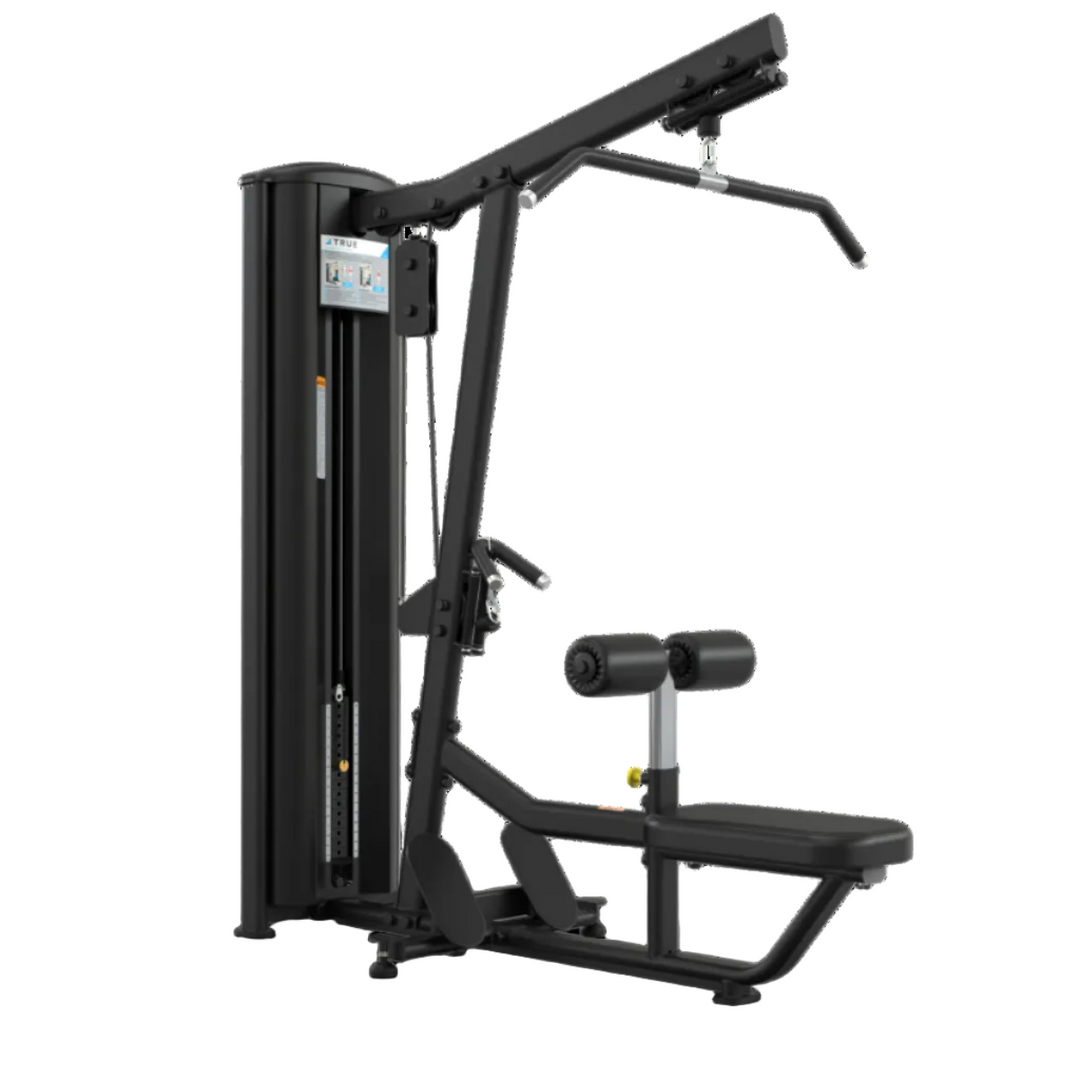 Black gym machine with weight stack on a white background