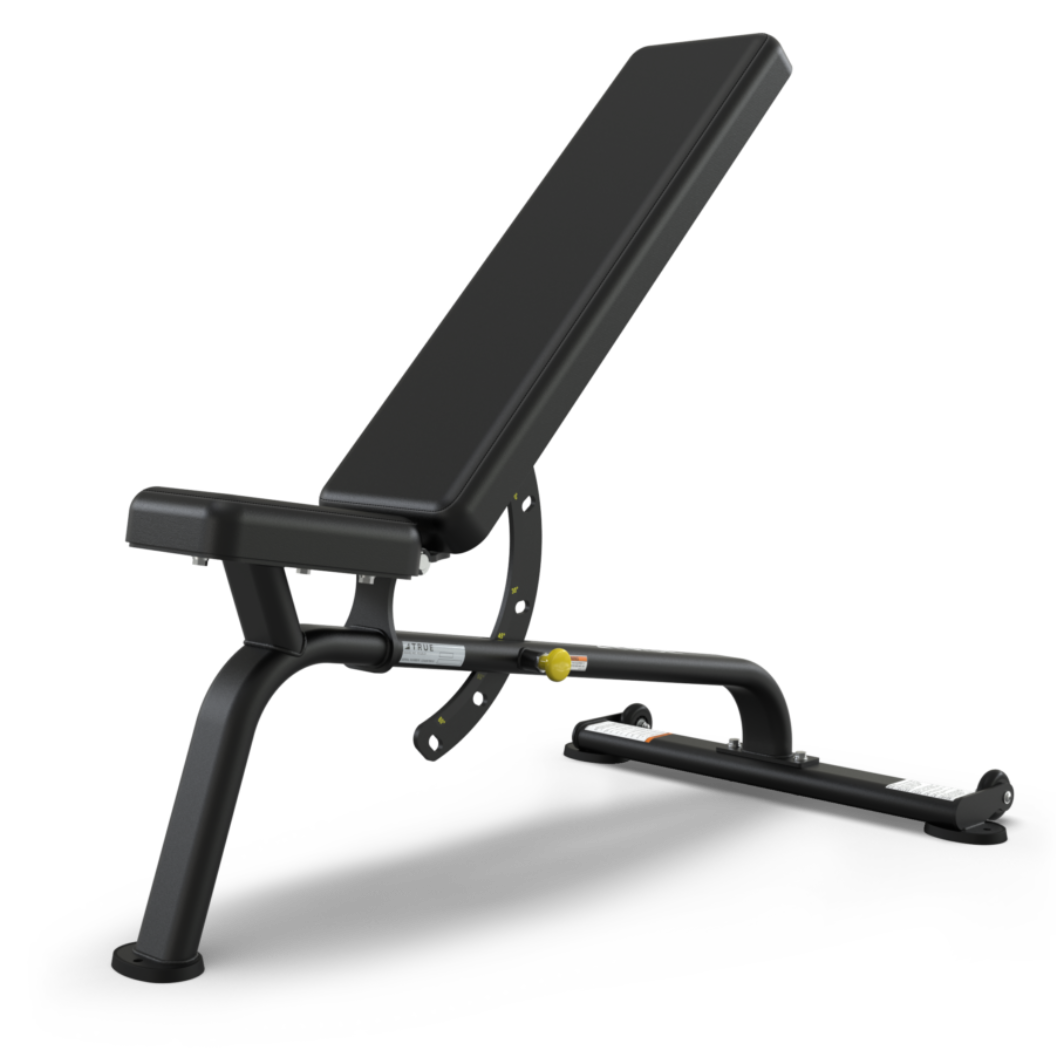 Black adjustable weight bench on a white background