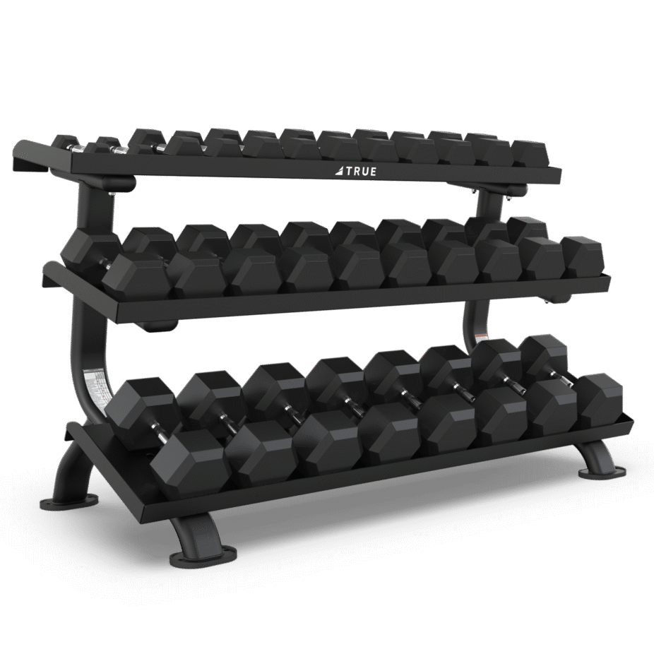 Black dumbbell rack with multiple dumbbells on a white background