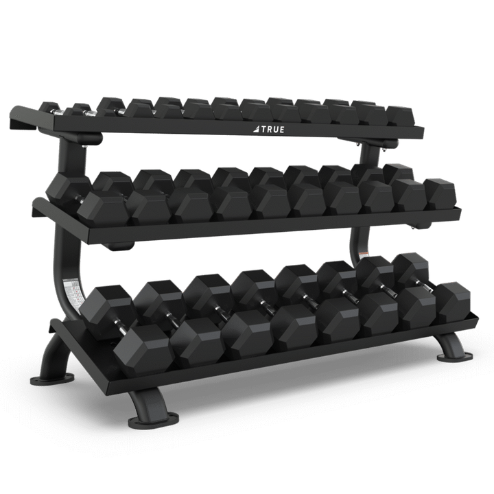 Black dumbbell rack with multiple dumbbells on a white background