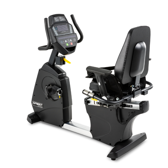 A black recumbent exercise bike with a digital display screen, padded seat, and adjustable handlebars, shown from a three-quarters angle on a white background.