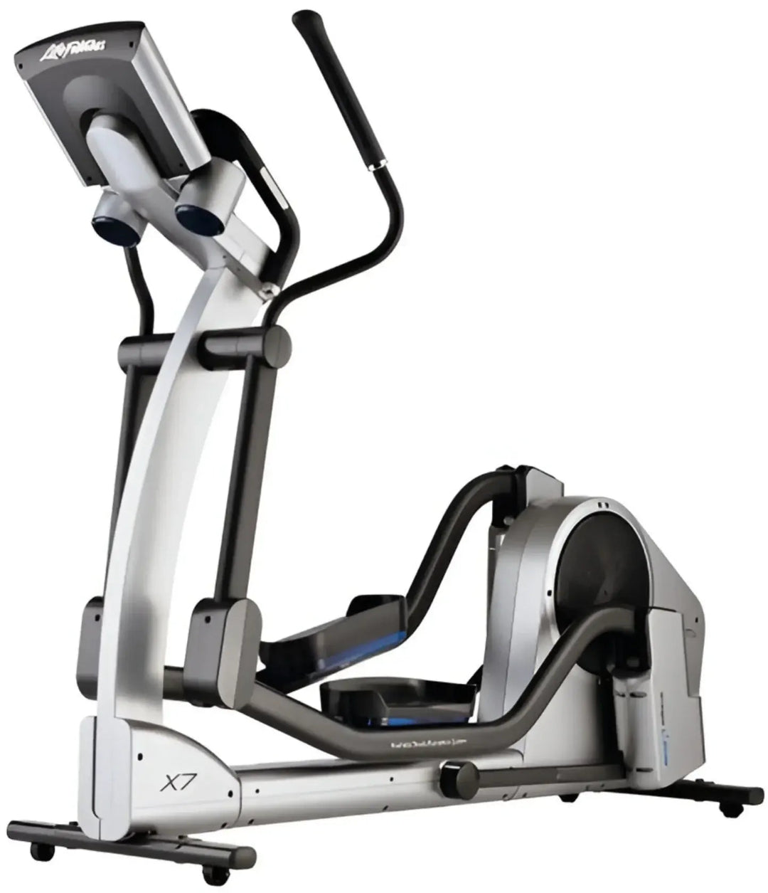 A Life Fitness X7 elliptical trainer with a silver and black frame, featuring a digital display screen, adjustable handlebars, and a large flywheel housing on a white background.