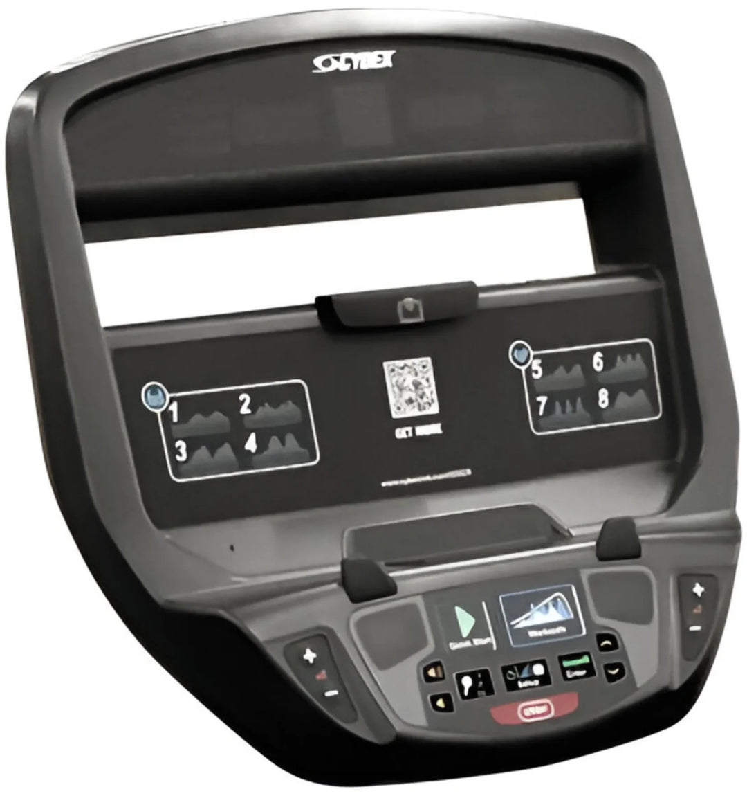 Treadmill console with digital display and control buttons on a white background