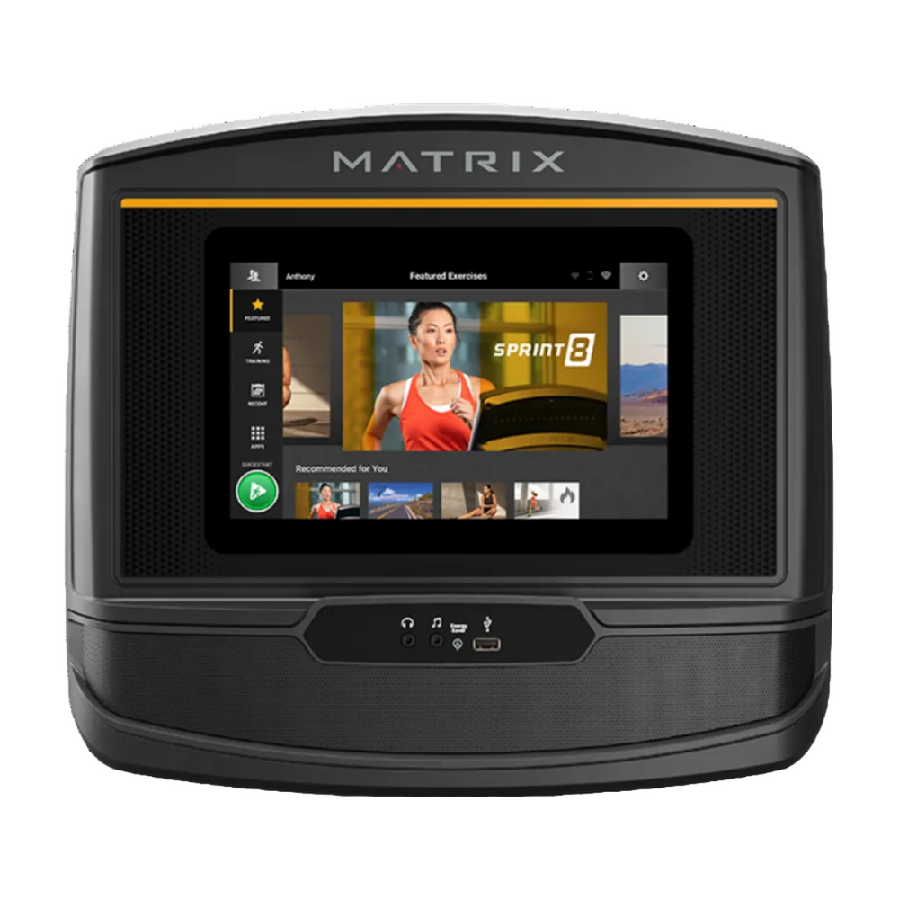 Matrix fitness console with screen displaying workout interface on a white background