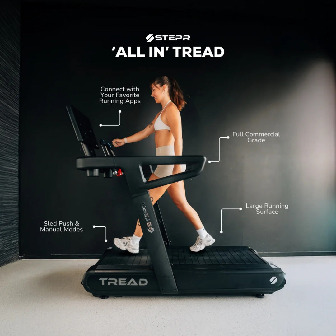 Woman using a treadmill with 'Stepr' branding and feature text on a dark background
