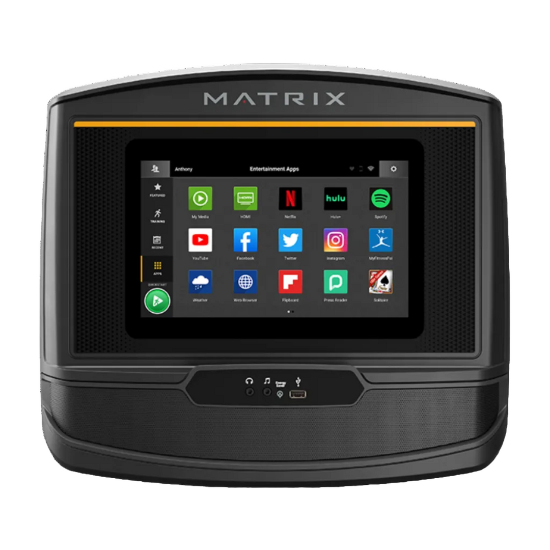 Matrix electronic device with a touchscreen displaying app icons on a white background