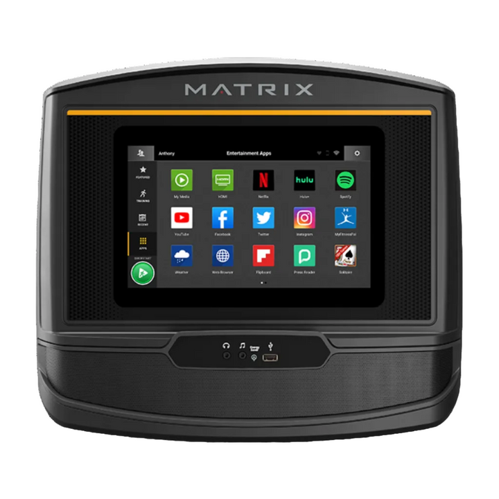 Matrix electronic device with a touchscreen displaying app icons on a white background