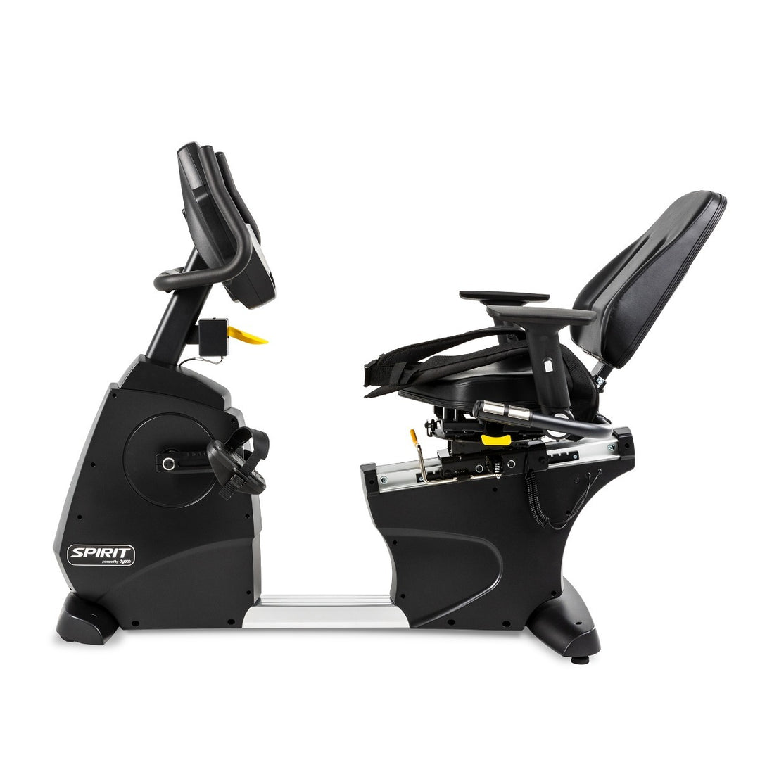 Black exercise bike with a white background