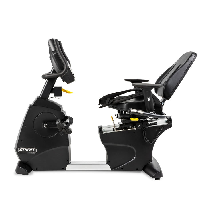 Black exercise bike with a white background