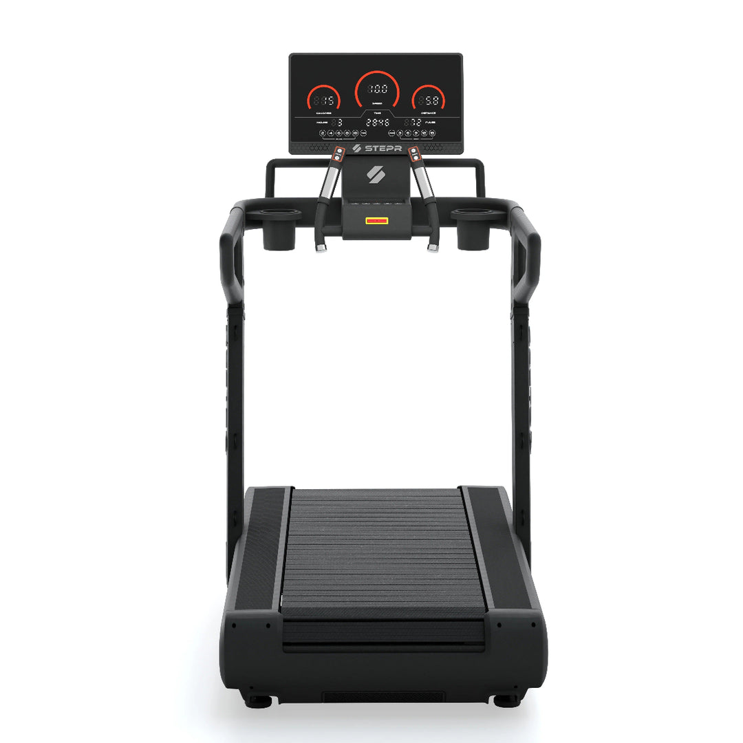 Black treadmill with digital display on a white background