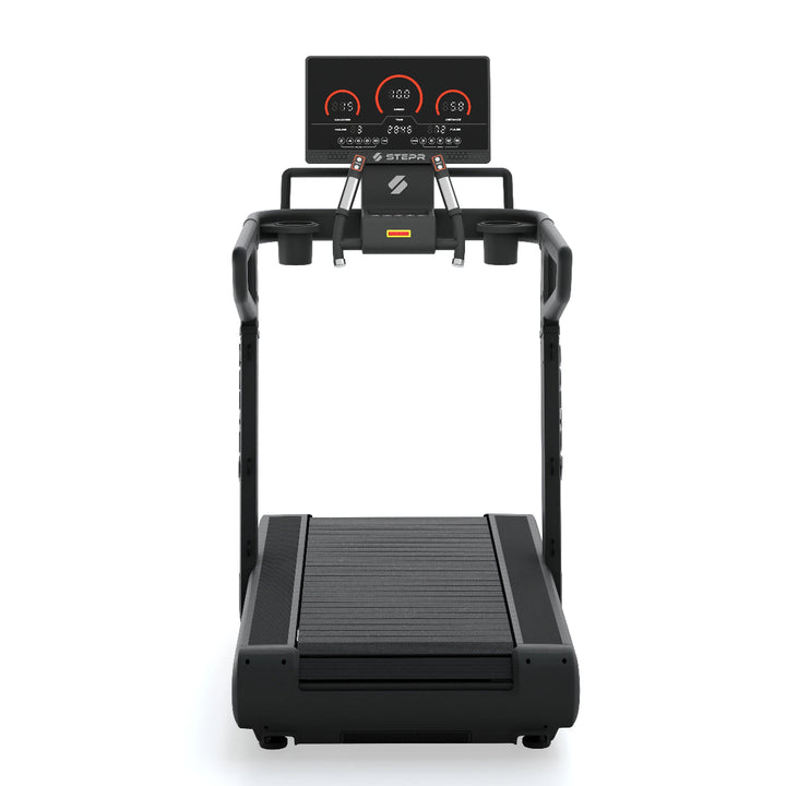 Black treadmill with digital display on a white background